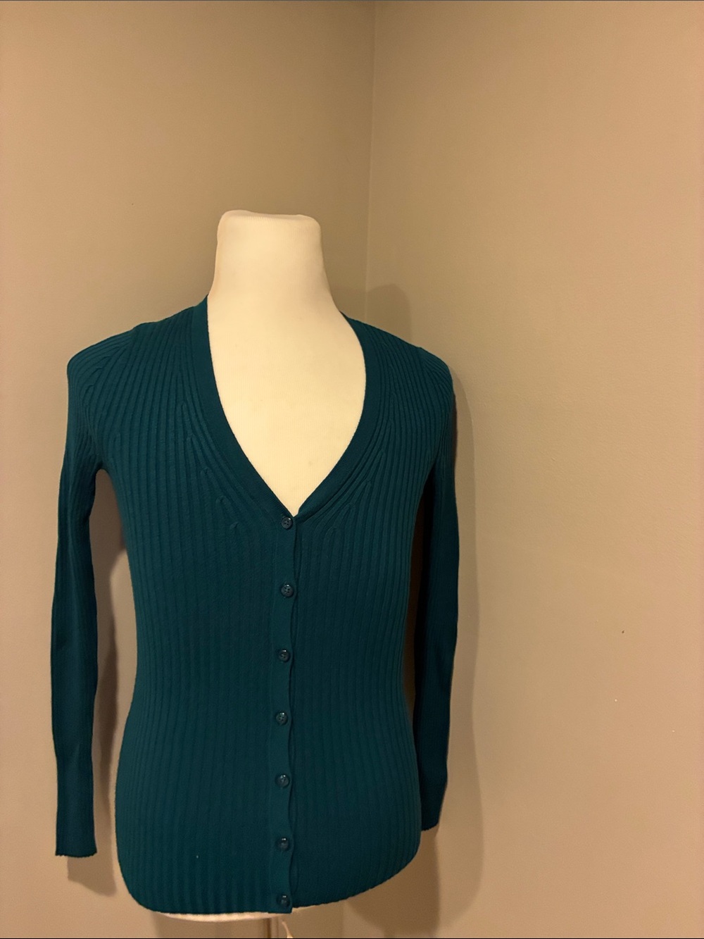 Lord & Taylor Teal Ribbed V-Neck Button Cardigan